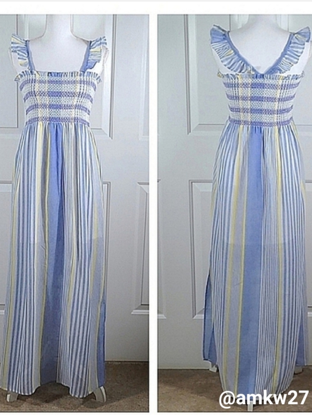 NWT Cotton Maxi Dress Sundress w/ Ruffle Straps Striped Blue Yellow & White - Picture 3 of 17